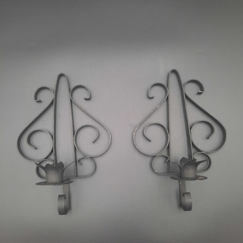 Ornate Black Metal Wall Sconce Candle Holders Pair Scrollwork Vintage Decor